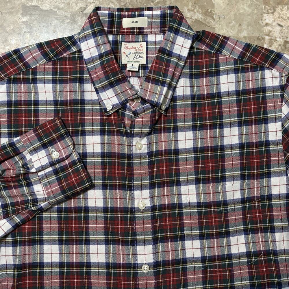 J Crew Shirt Mens Large Slim Broken In Oxford Plaid Long Sleeve Button OCBD